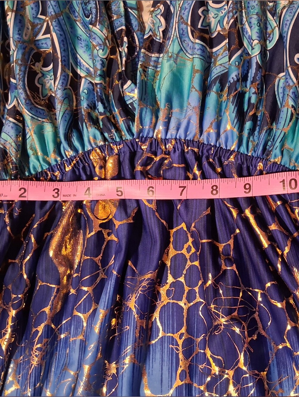 Shoreline Blue Teal and Gold Paisley V-Neck Maxi Dress - Picture 7 of 8